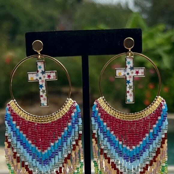 Handmade Beaded Long Faith Fringe Cross Dangle Drop Lightweight Post Earrings - Picture 9 of 11
